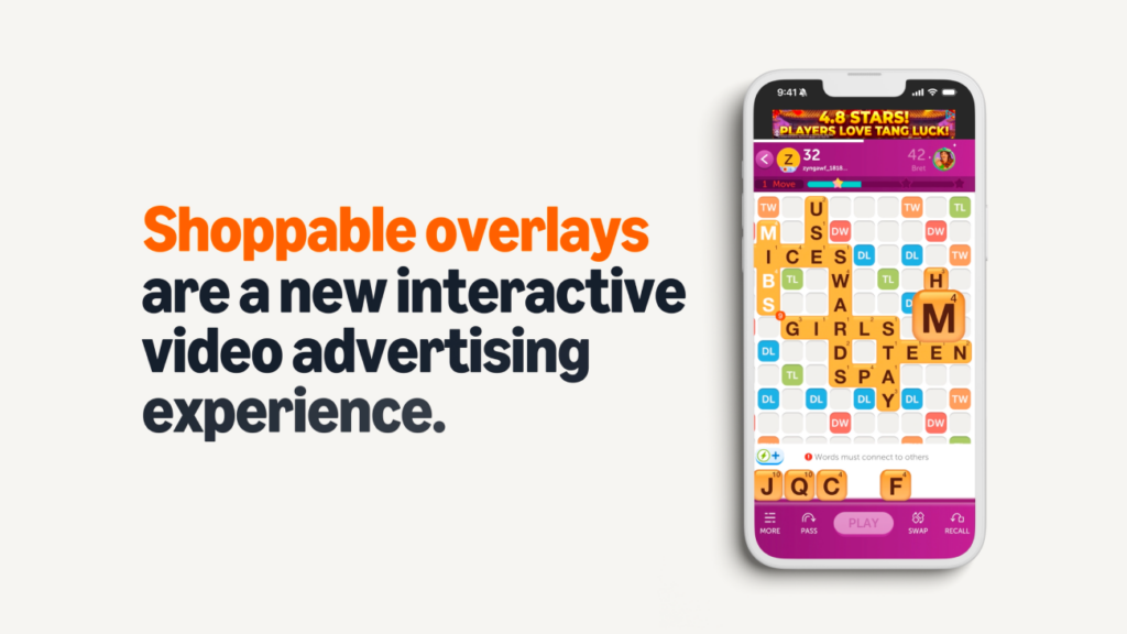 Promotional graphic reading 'Shoppable overlays are a new interactive video advertising experience' beside a smartphone showing a word game with an in-app shoppable overlay.